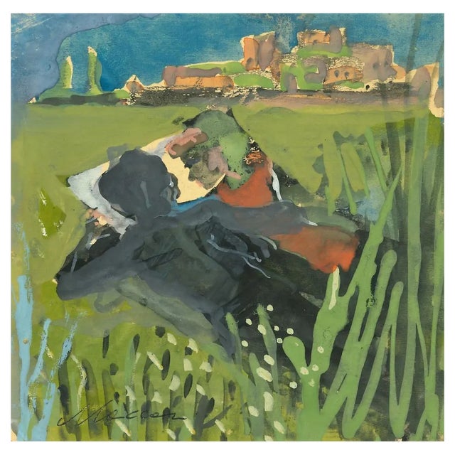 Mino Maccari, Sunday in the Park, Tempera on Cardboard, 1970s For Sale