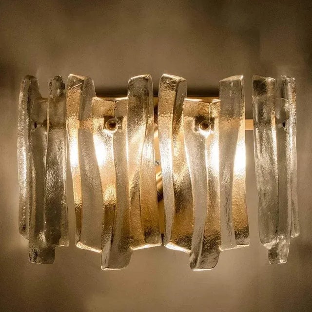 Textured Ice Glass and Brass Wall Light attributed to Kalmar, 1970s For Sale - Image 3 of 13