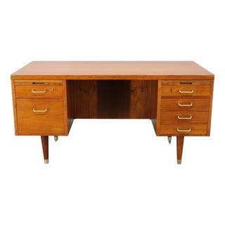 Mid-Century Danish Teak Writing Desk with Brass Details, 1960s For Sale