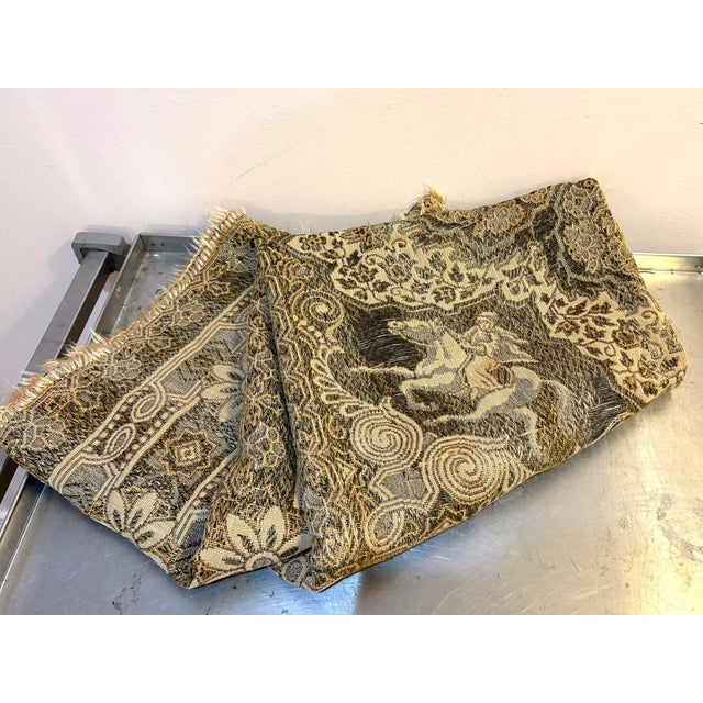 Late 19th-century horse and rider woven jacquard fringed tapestry/throw. Some slightly threadbare spots at edge on one...