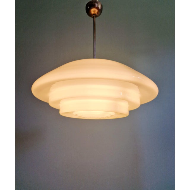 Gold Bauhaus Pendant Light in White Opaline Glass, 1930s For Sale - Image 8 of 13