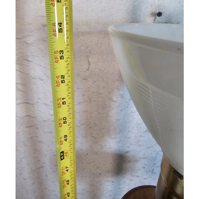 Brass Vintage Torchiere Style Wooden & Brass Floor Lamp Milk Glass Shade For Sale - Image 8 of 10