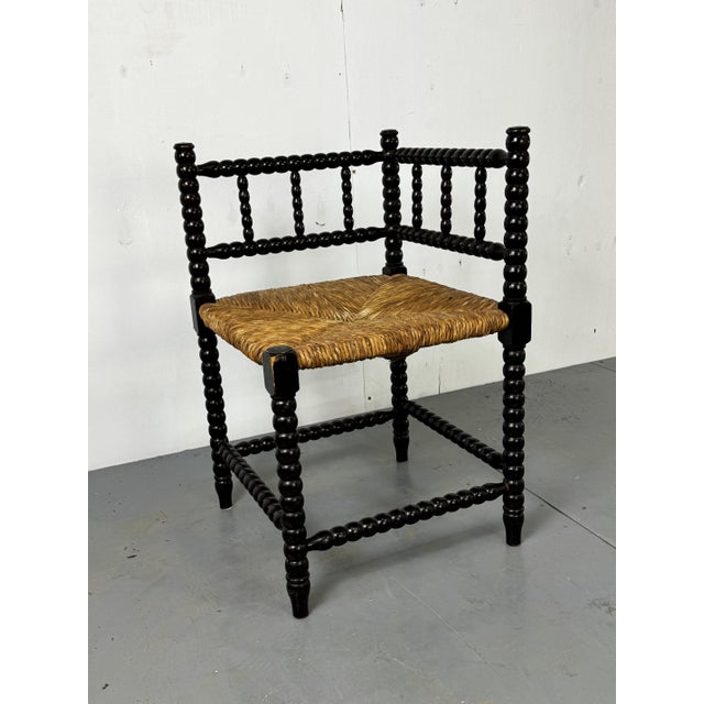 Antique Bobbin Oak and Rush Side Chair, 1900s For Sale - Image 4 of 10