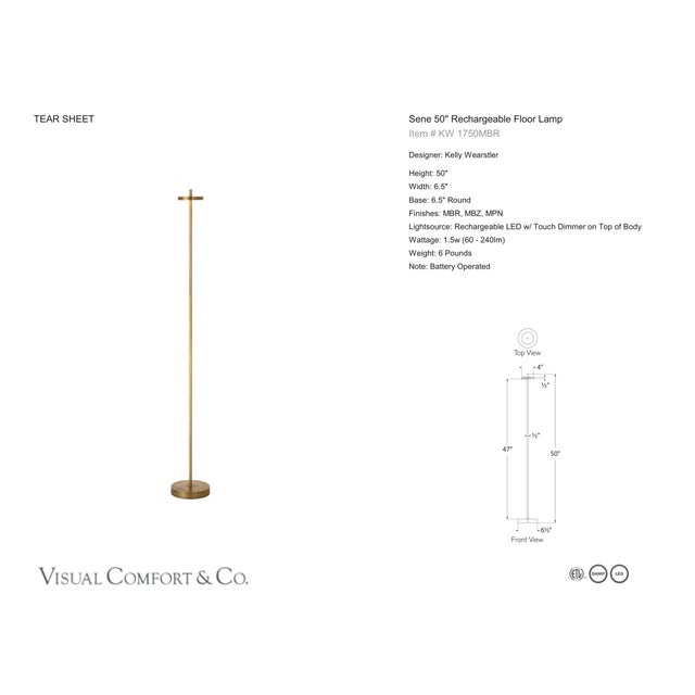 Kelly Wearstler by Visual Comfort Signature Sene 50" Rechargeable Floor Lamp in Museum Brass Designer: Kelly Wearstler...