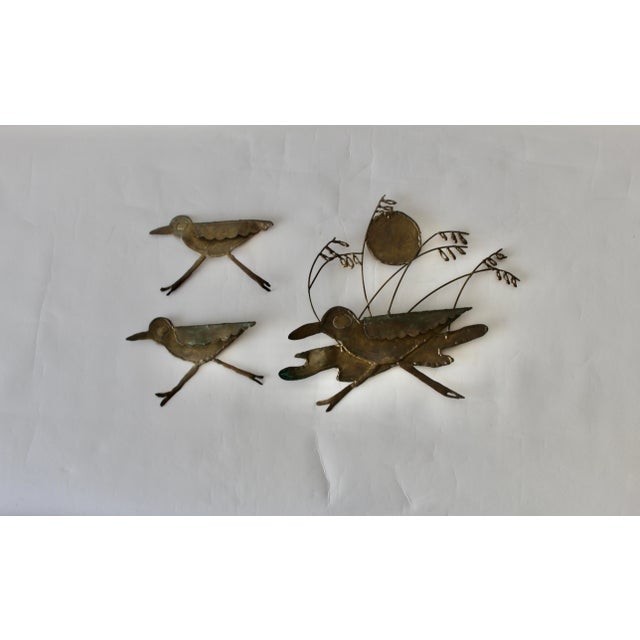Brutalist 1970s Jere Style Brutalist Brass Copper Walking Birds Reeds Sun Wall Sculptures -Set of 3 For Sale - Image 3 of 9