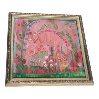 1970s Abstract Modern Naive Mix D Media Painting Magic Garden Signed For Sale