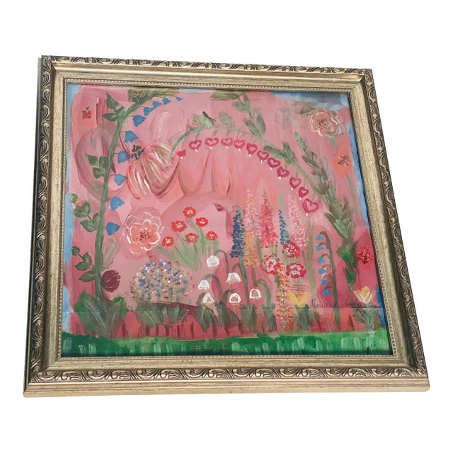 1970s Abstract Modern Naive Mix D Media Painting Magic Garden Signed For Sale
