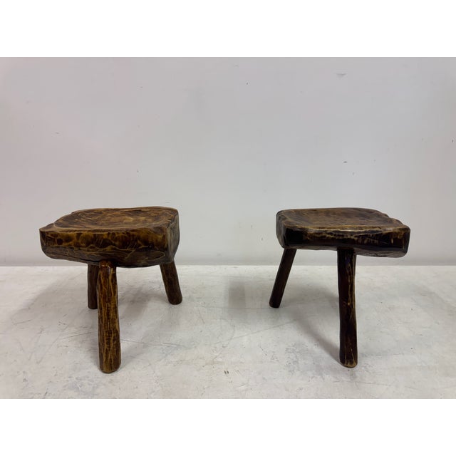 Pair of stools Rustic brutalist style Three legs Mid to late 20th Century France
