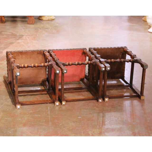 Set of Three 19th Century French Gothic Carved Oak and Leather Bar Stools For Sale - Image 9 of 9