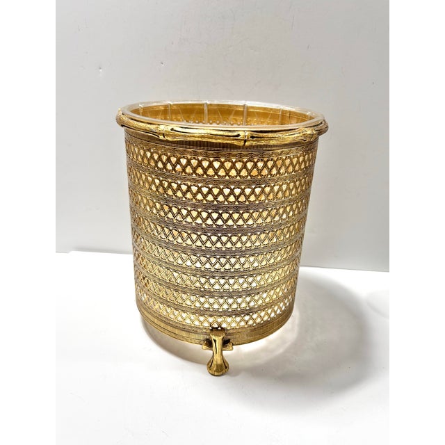 Art Nouveau Vintage Hollywood Regency Gold Filigree Wastebasket – Bamboo Style Footed Trash Bin For Sale - Image 3 of 12