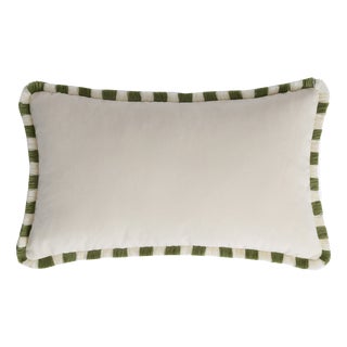 Bicolor Happy Cushion in White Velvet with Green and White Fringes from Lo Decor For Sale