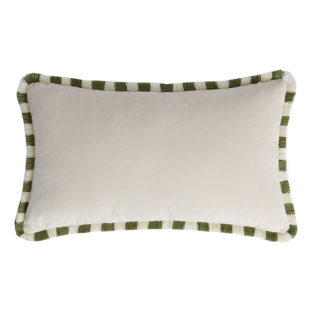 Bicolor Happy Cushion in White Velvet with Green and White Fringes from Lo Decor For Sale
