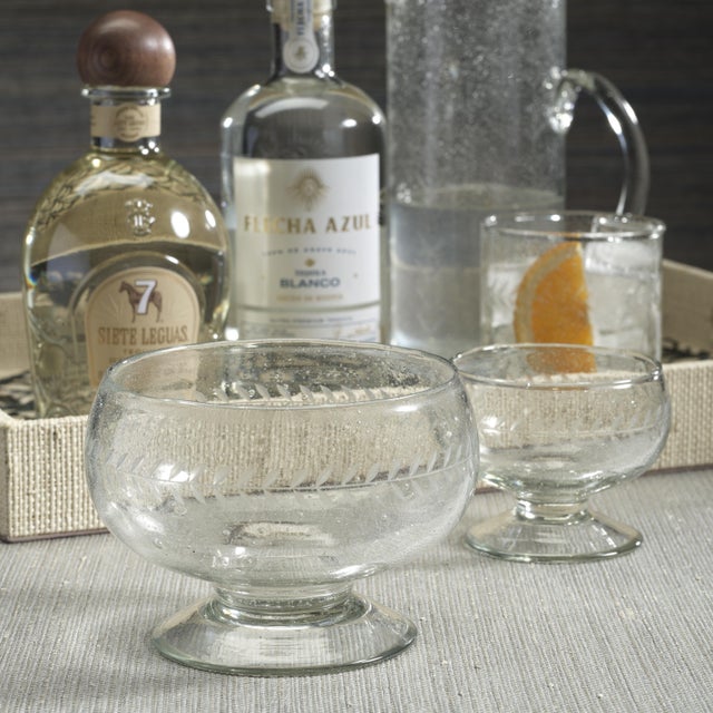 Contemporary Tuscan 2-Piece Set Handmade Etched Condiment Glass Footed Bowls, Small For Sale - Image 3 of 6