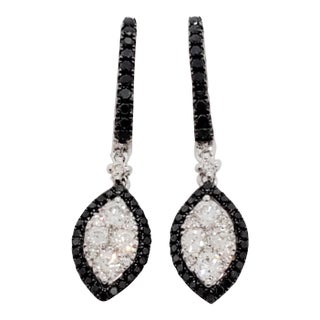 Estate White and Black Diamond Pave Dangle Earrings in 14k White Gold - A Pair For Sale