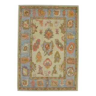 Early 21st Century Blue & Pink Floral Design Handwoven Wool Turkish Oushak Rug 4'1" X 6'3" For Sale