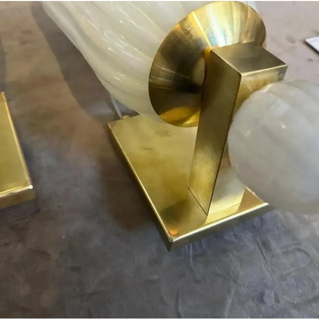 Metal Two 1990s Barovier Style Mid-Century Modern Brass and Murano Glass Wall Sconces For Sale - Image 7 of 18