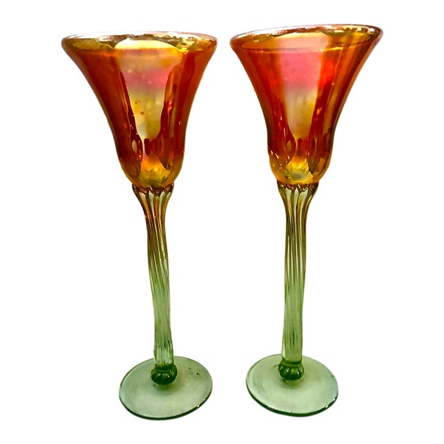 Late 20th Century Rick Strini Iridescent Orange & Green Art Glass Tulip Goblets, Pair For Sale