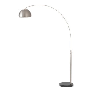 1960s 92-Inch Simple Half Dome Mid Century Floor Lamp - Modern Arc Lamp, Satin Nickel, Black Marble Base, Dimmable For Sale