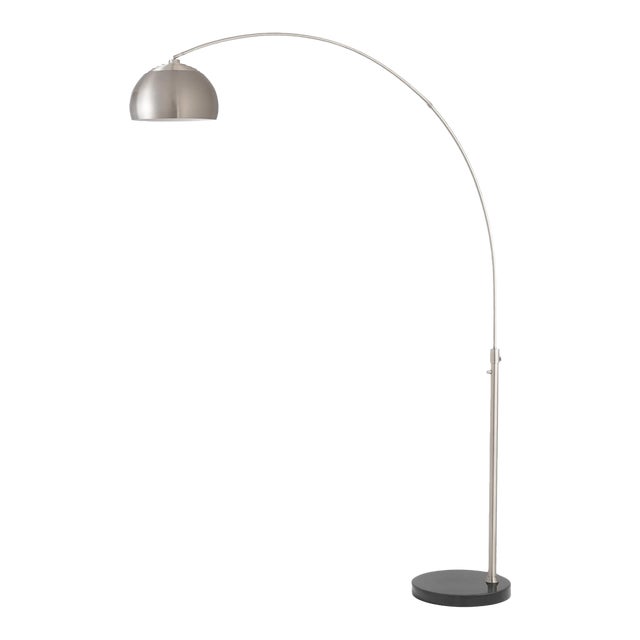 1960s 92-Inch Simple Half Dome Mid Century Floor Lamp - Modern Arc Lamp, Satin Nickel, Black Marble Base, Dimmable For Sale