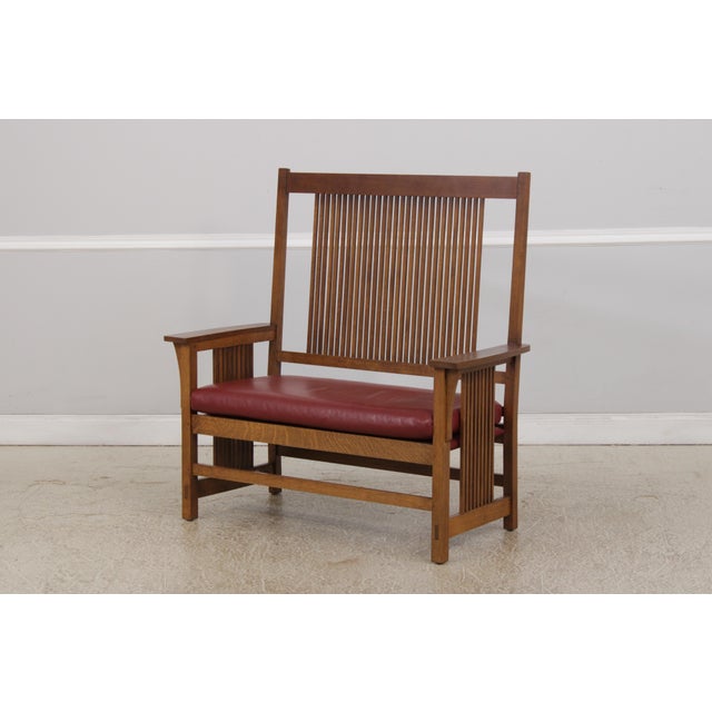 Mission Stickley Mission Oak Leather Spindle Settee For Sale - Image 3 of 18