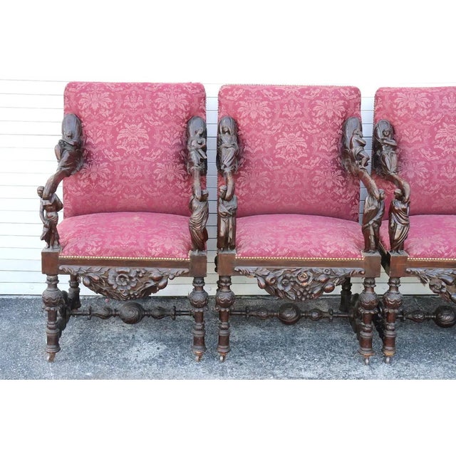 Mid 19th Century Rare Set of 4 Antique Baroque Walnut Italian Armchairs Carved Figures Andrea Brustolon Style For Sale - Image 5 of 14