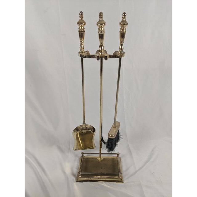 English Vintage Brass Fireplace Ensemble With Folding Screen, Andirons & Fire Tools For Sale - Image 3 of 18