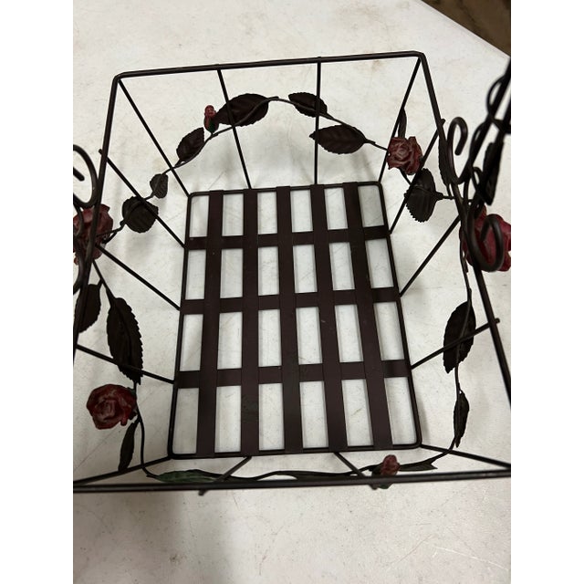 1980s Vintage Metal Basket With Roses With Handle For Sale - Image 4 of 4