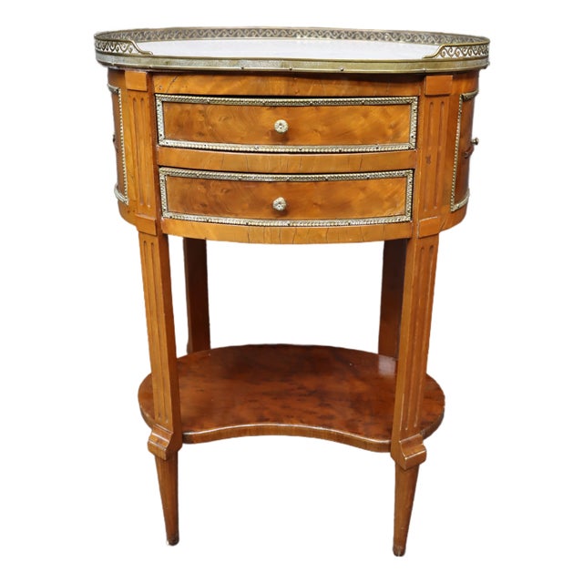 French Louis XVI Revival Walnut Bouillotte Side Table With Marble Top For Sale