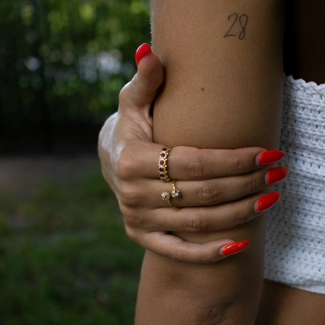 Radiant Duo Multi Gemstone & Diamond Gold Adjustable Ring, Size 8 For Sale - Image 4 of 7