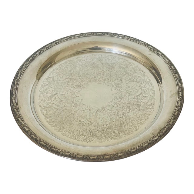 1940s 15” Round Silverplate Ornate Platter Salver For Sale