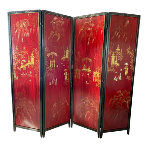 Mid Century Four-Panel Deep Red/Gold Chinoiserie Screen With Decorated Black Boarder