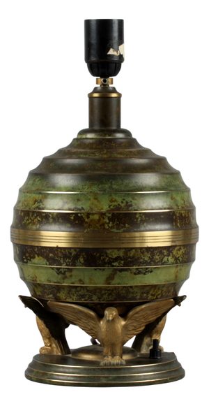 Art Deco Table Lamp in Patinated Bronze with Eagles Holding Globe, France, 1940s
