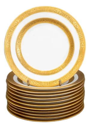 Ovington Bros. Gilt Encrusted Porcelain Plates, 12