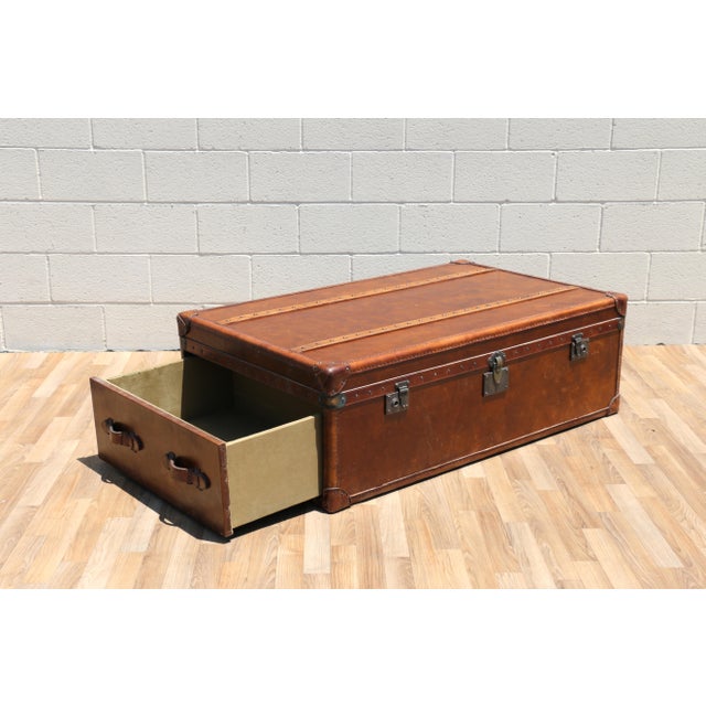 Restoration Hardware Vintage Leather Trunk Coffee Table | Campaign Style Storage Chest Cocktail Table For Sale - Image 10 of 18