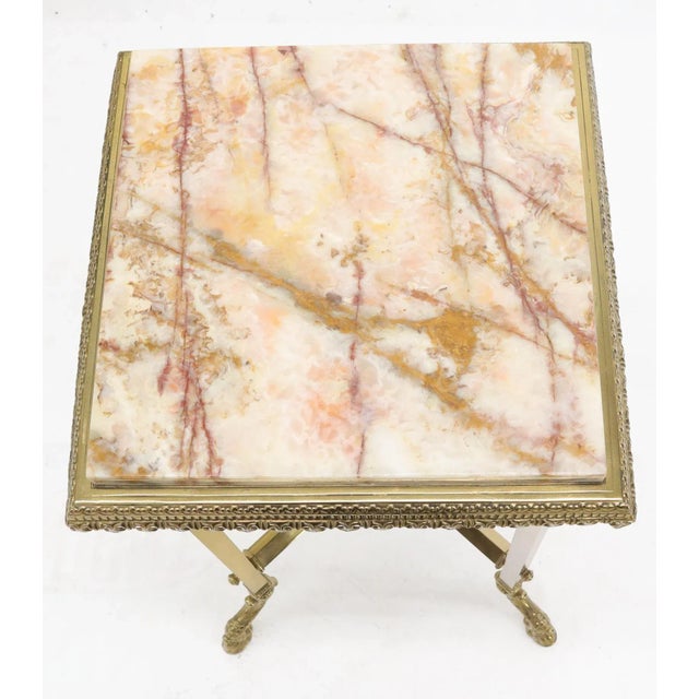 Maison Jansen Square Solid Brass Onyx Marble Top Stand Pedestal Hoof Feet X-Stretcher Finial For Sale - Image 4 of 12