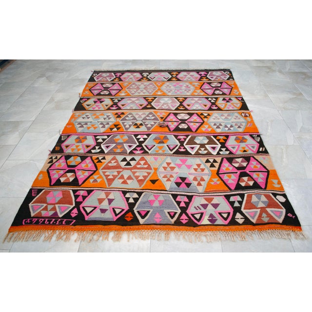 Vibrant Turkish Kilim Rug, 1966 Dated Vintage Tribal Rug, Pink and Orange Geometric Flatweave 6x8 Ft Approx For Sale - Image 15 of 18