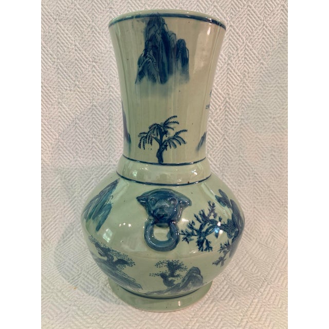 Vintage Chinoiserie Celadon & Cobalt Blue Vase With Lion Mask Handles For Sale - Image 4 of 11
