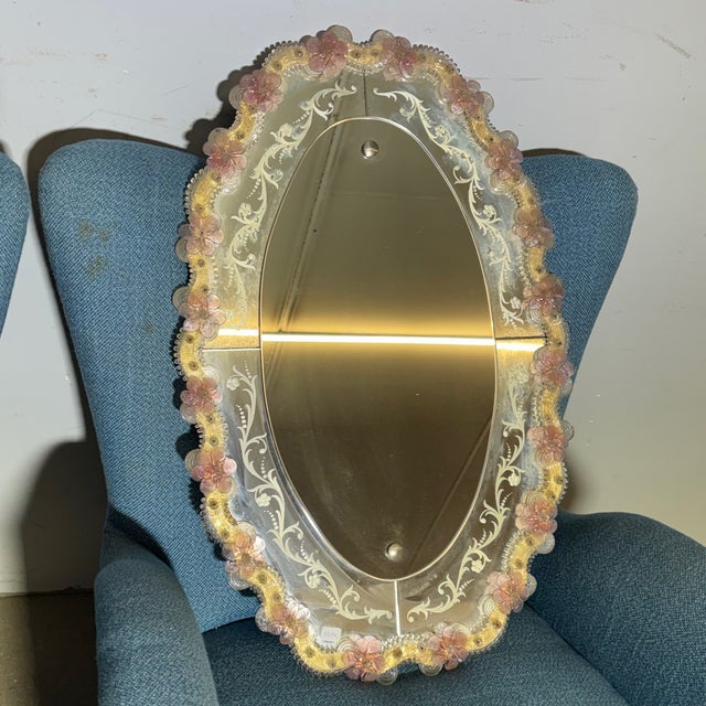 Mid-Century Modern Oval Murano Glass Mirror with Pink Flowers, 1950s For Sale - Image 9 of 11