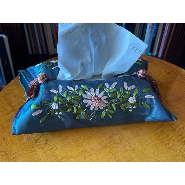 Decorated by hand with flower and leaf ribbon embroidery, this vintage satin tissue box cover will add a touch of luxury...