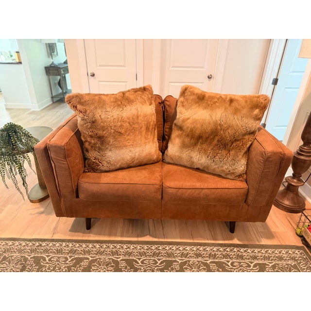 Pair of Oversized Pottery Barn Caramel Faux Fur Pillows With Velvet Backs 27x27 For Sale - Image 9 of 9