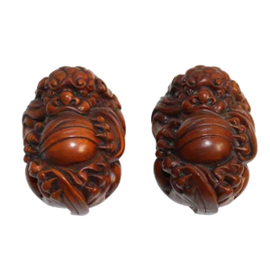 Chinese Wood Carved Mini Foo Dog FengShui Figures - a Pair