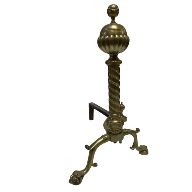 Traditional Brass Belted Ball-Top and Spiral Turned Clawfoot Andirons - a Pair For Sale - Image 3 of 8