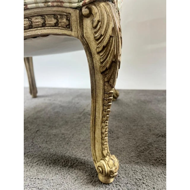 French Louis XV Style Bergère Armchair, Painted Frame, Floral Embroidery, a Pair For Sale - Image 11 of 15