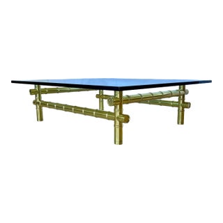 Hollywood Regency Faux Bamboo Gold Metal Glass Top Coffee Table, 1980s For Sale