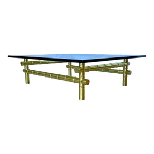 Hollywood Regency Faux Bamboo Gold Metal Glass Top Coffee Table, 1980s