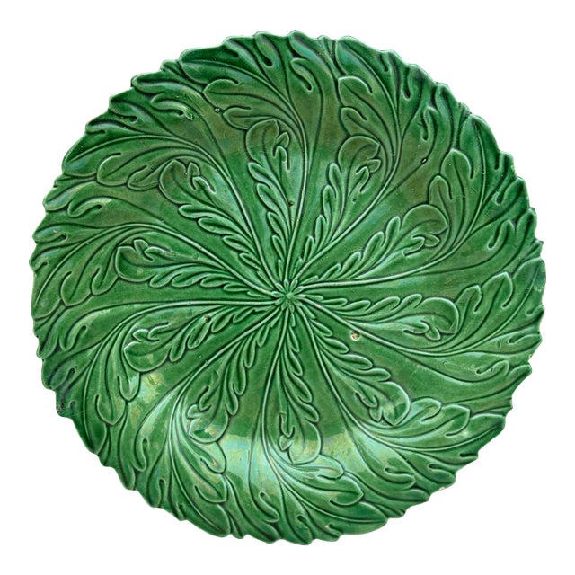 English Green Majolica Leaves Plate Circa 1880 For Sale