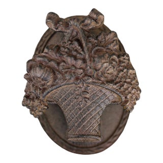 Antique Wrought Iron Basket of Flowers Door Knocker With Oval Backplate For Sale