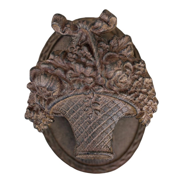 Antique Wrought Iron Basket of Flowers Door Knocker With Oval Backplate For Sale