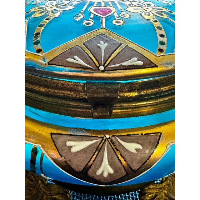 1920's Art Glass Dresser Box Hand-Painted With Heart Design on Brass Holder For Sale - Image 4 of 6
