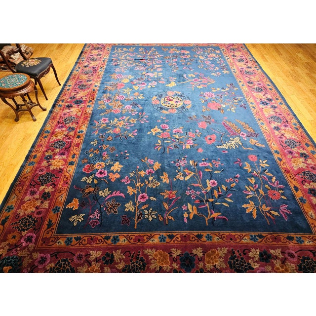 1900s Oversize Chinese Art Deco Oversize Rug, Handwoven Wool, Floral Design, 11' x 18' For Sale - Image 12 of 18